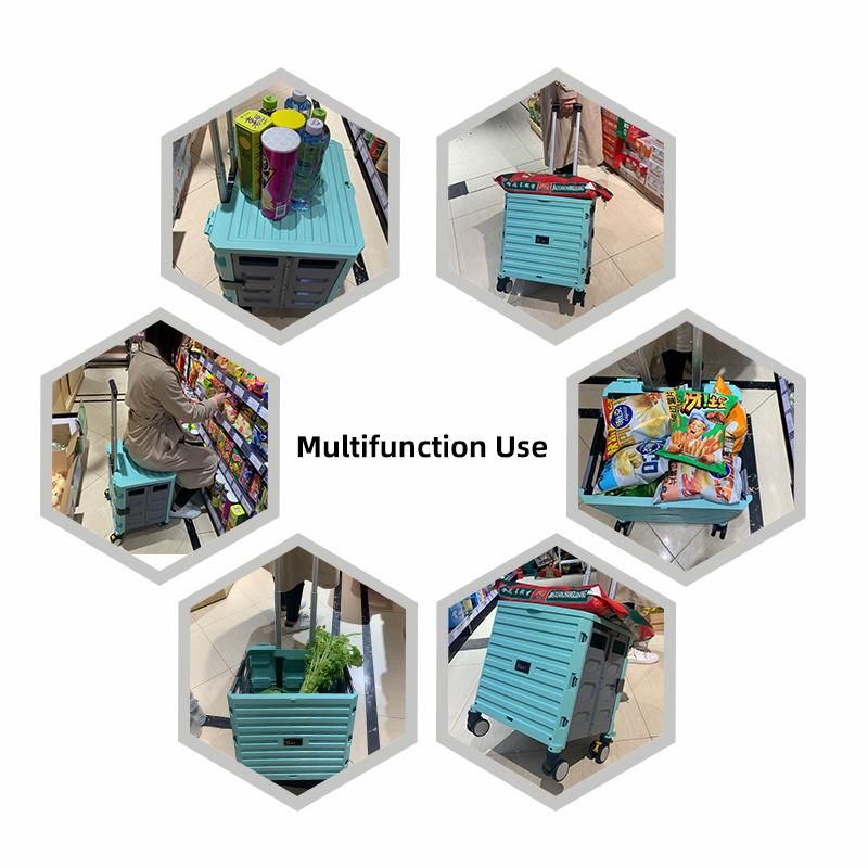 Shopping Trolley Four-Wheel Folding Plastic Shopping Cart Supermarket Vegetable Foldable Cart