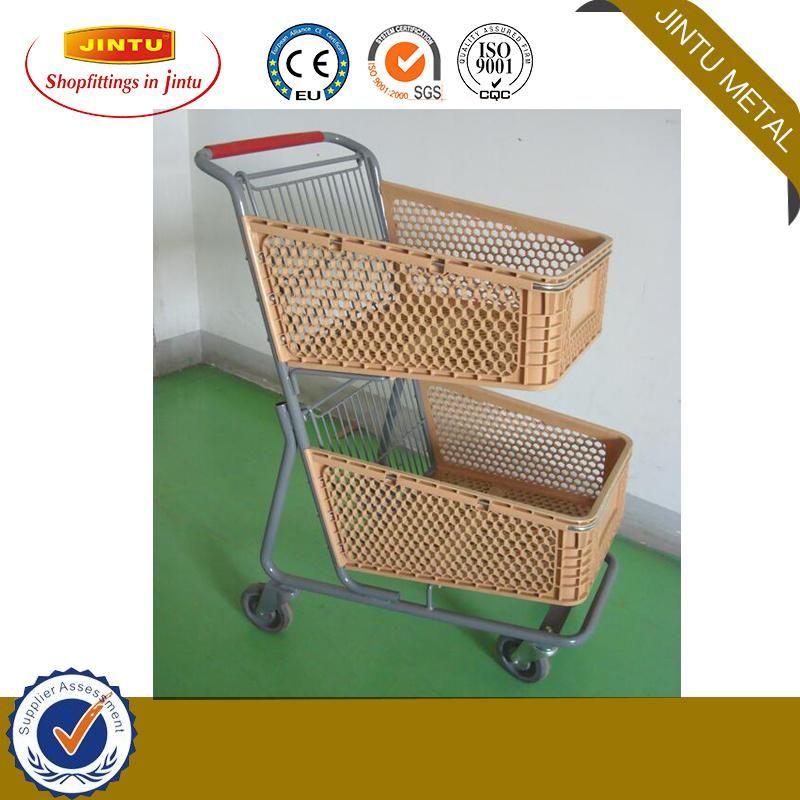 Supermarket Plastic Shopping Cart with Swivel Rubber Wheels