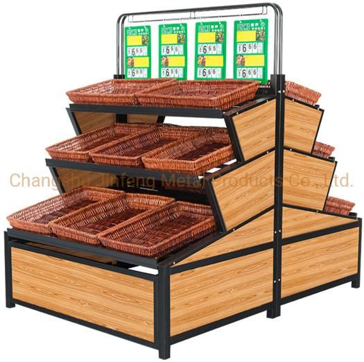 Supermarket Fruit and Vegetable Display Rack Wooden and Metal Display Shelf