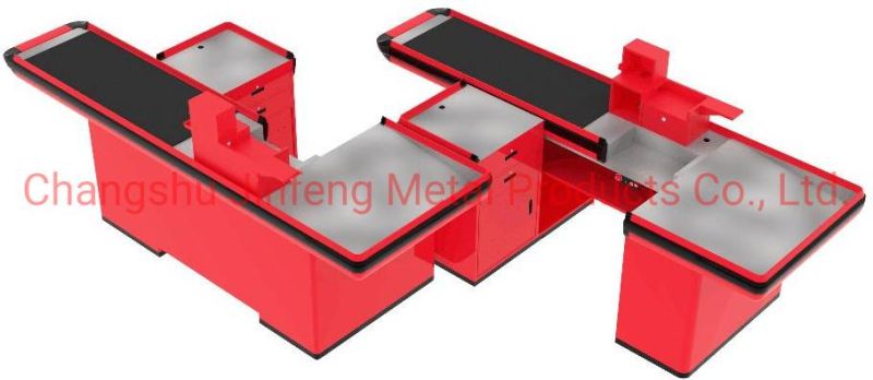 Supermarket Money Counter Metal Checkout Counter with Conveyor Belt