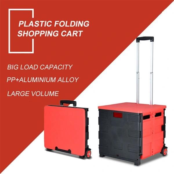 Factory Wholesale Vintage Style Plastic Folding Rolling Push Cart 55L Foldable Market Trolley