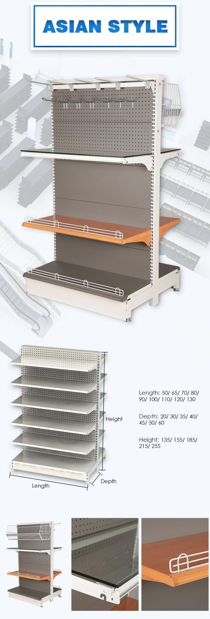 Supermarket Wooden and Wire Mesh Gondola System Cost-Effictive Shelving