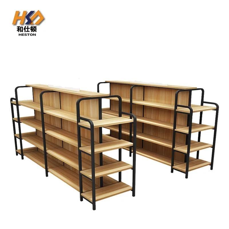 Wood Color Metal Cabinet Display Shelf Wall Supermarket Shelf with Light Box