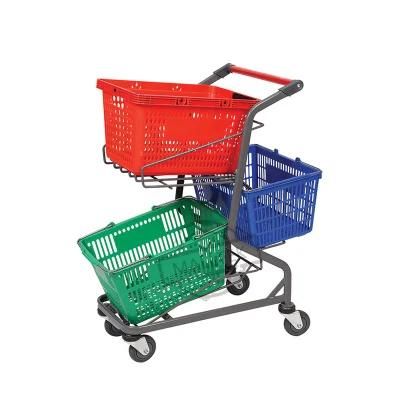 Three Basket Double Layers Metal Supermarket Shopping Handing Push Carts