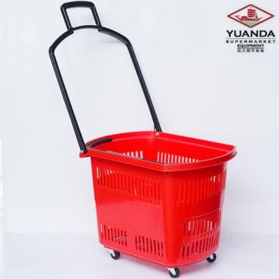 Supermarket Plastic Rolling Shopping Basket with 4 Wheels