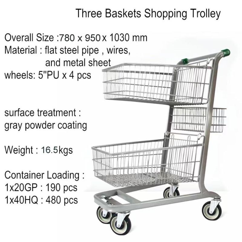 Three Tiers Basket Shopping Trolley for Store Hardware Market