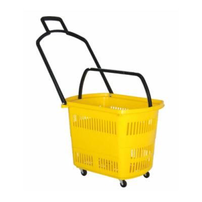 Plastic Supermarket Handle Shopping Basket with Rolling Wheels