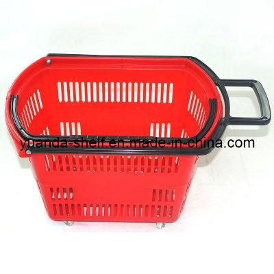 Plastic Supermarket Shopping Rolling Handle Basket with Wheel