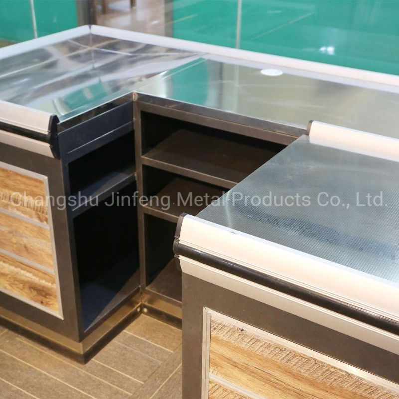 Supermarket Checkout Counter Convenience Store Metal Cashier Table with Wood