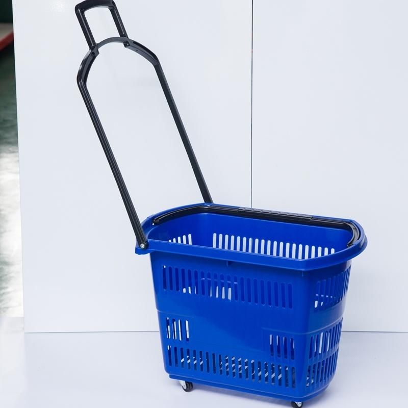 Supermarket Plastic Rolling Basket with Wheels for Shopping