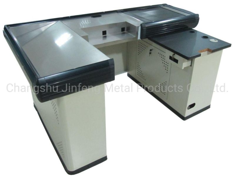 Supermarket Checkout Counter Metal Cashier Table with Conveyor Belt Jf-Cc-091