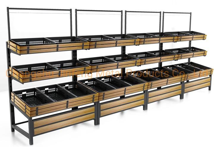 Supermarket Shelf Cold-Rolled Steel & Wooden Fruit and Vegetable Display Shelves