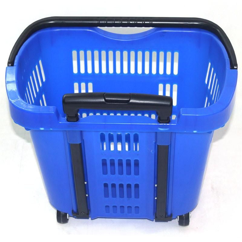 Plastic Supermarket Rolling Shopping Basket with Two Wheels