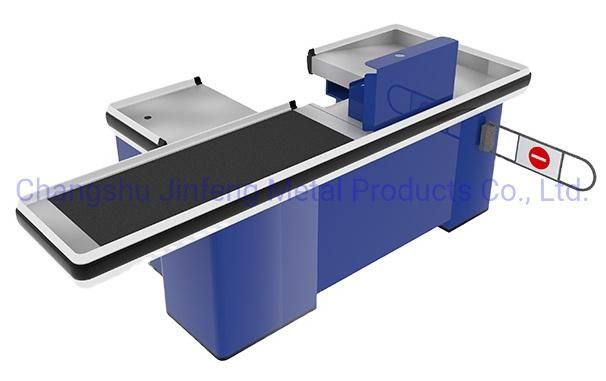 Retail Store Metal Cash Counter Supermarket Checkout Counter with Motor and Conveyor Belt