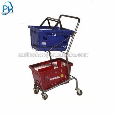 Metal Supermarket Rolling Double Basket Holder Shopping Cart