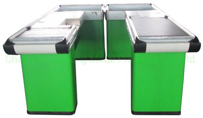 Supermarket & Store Fixture Design Checkout Counter Cashier Desk with Conveyor Belt