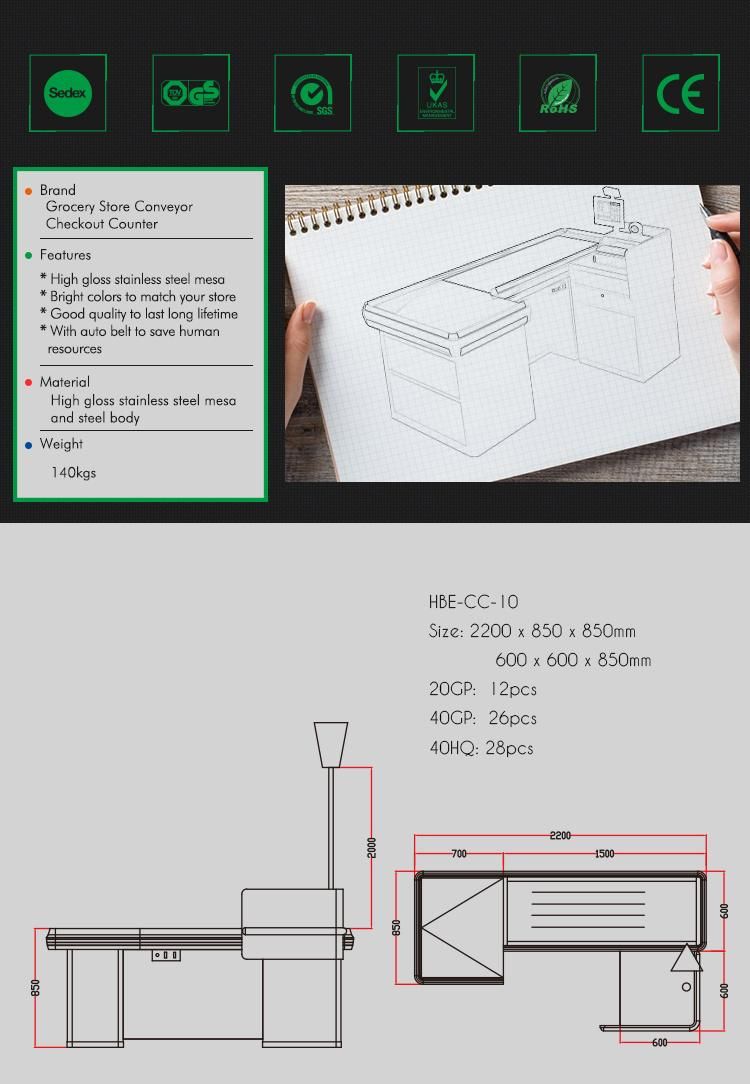 Supermarket Electric Checkout Counter with Display Shelf