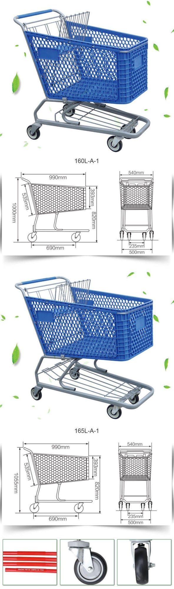 Fashionable Plastic Basket Metal Supermarket Shopping Trolley