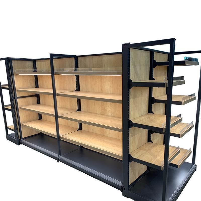 Fashion Design Wood Grain Supermarket Shelf Metal Display Racks Shop Gondola