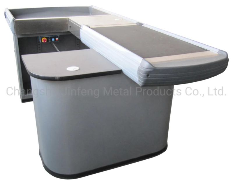 Supermarket Electric Checkout Counter Metal Cashier Table with Conveyor Belt