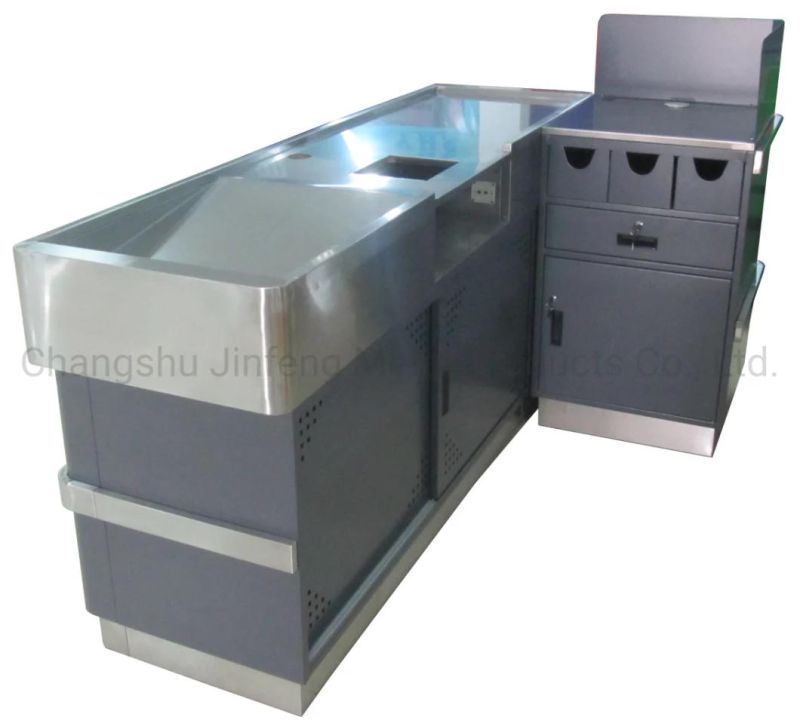 Supermarket Checkout Counter Metal Cashier Desk with Stainless Steel Protection Jf-Cc-052