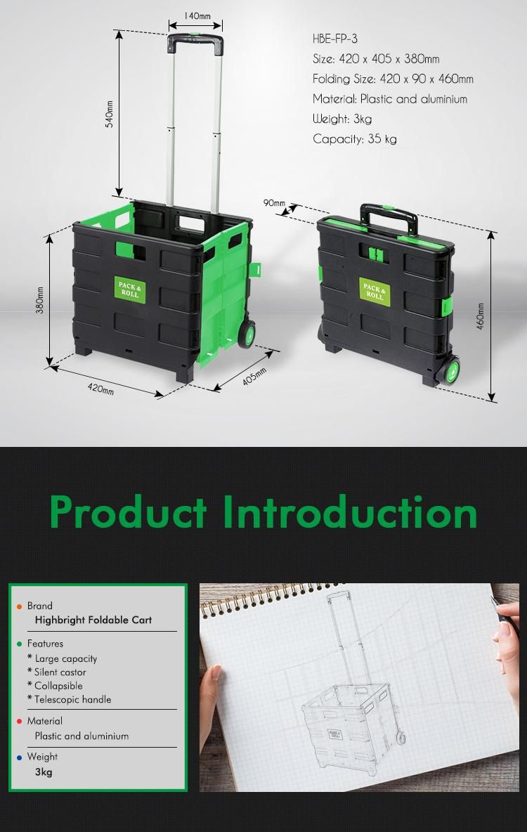 60L Portable Plastic Folding Box Pack and Roll Trolley Cart