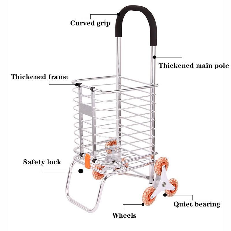 Foldable Grocery Carts 3 Wheels Aluminum Alloy Frame Large Capacity Shopping Trolley