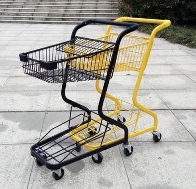 Supermarket Double Layer Grocery Shopping Cart Metal Shopping Handing Push Trolley with Multi Color