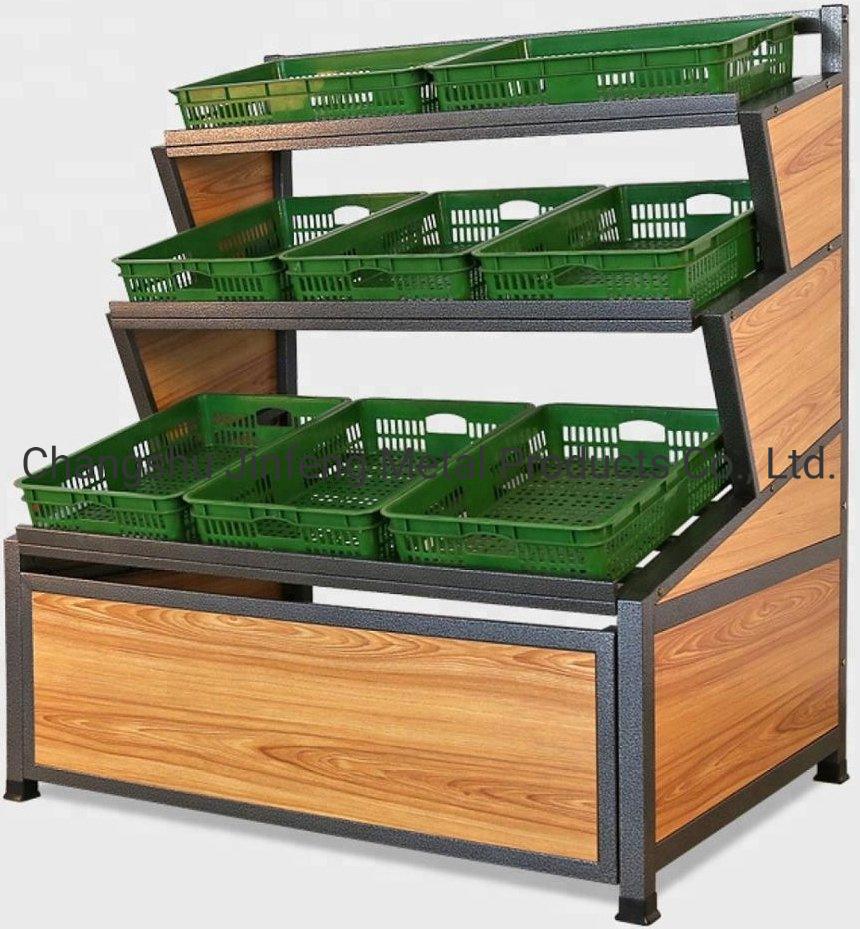 Supermarket Retail Store Fruit and Vegetable Display Rack Wooden and Metal Display Shelf