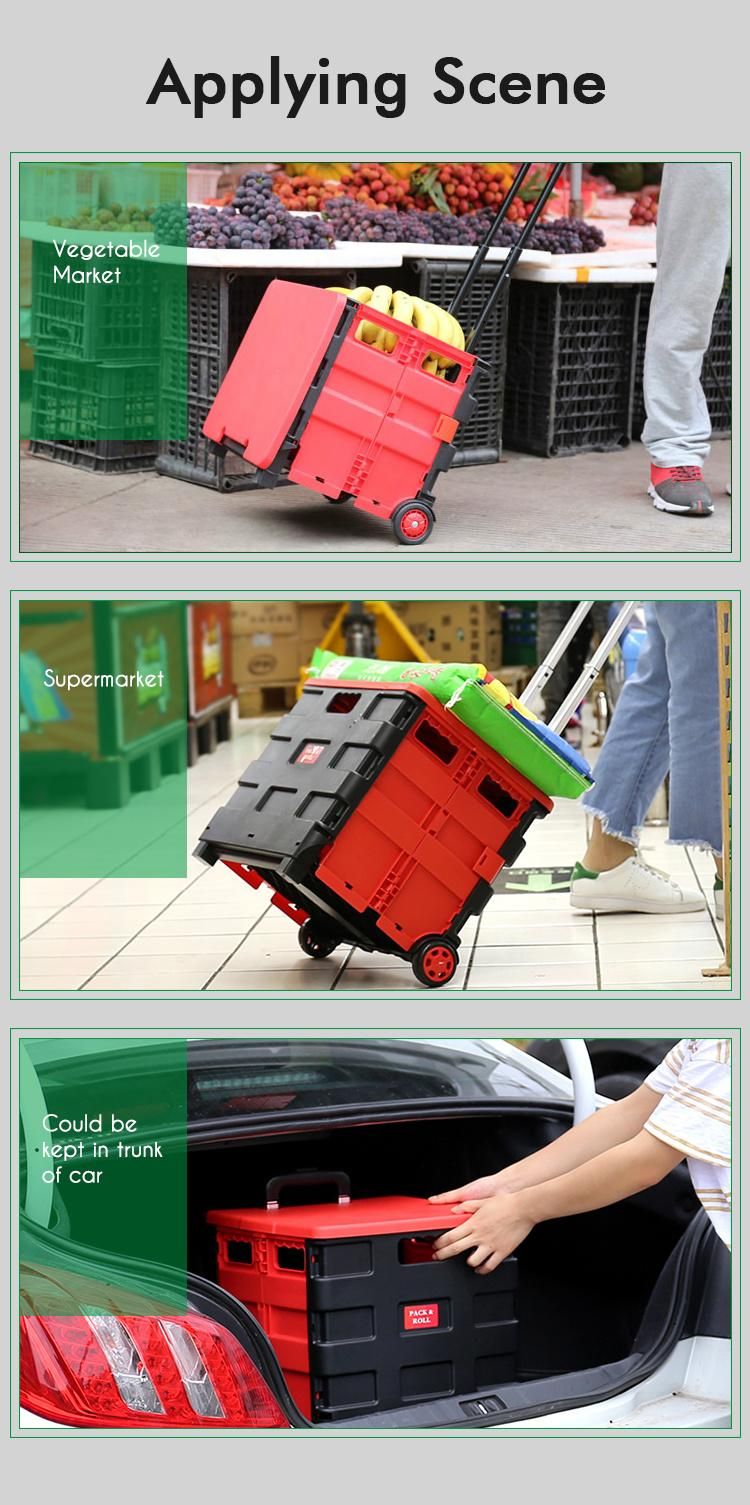 60L Portable Plastic Folding Box Pack and Roll Trolley Cart