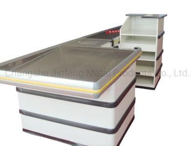 Modern Cashier Counter Supermarket Metal Checkout Counter with Conveyor Belt and Motor