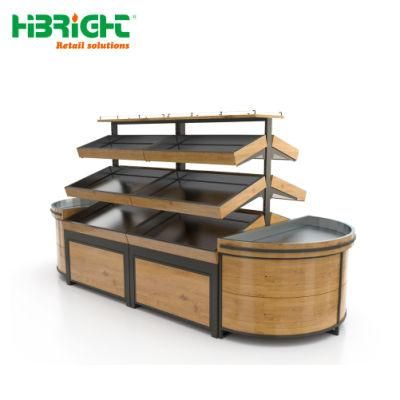 Grocery Store Wood Metal Fruit Vegetable Display Shelving Rack, Wood Produce Table