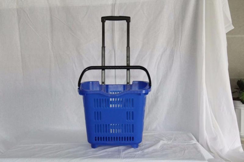 Supermarket Plastic Folding Shopping Rolling Basket with Wheels