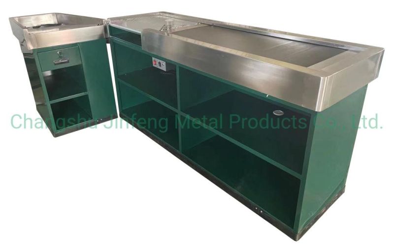 Supermarket Checkout Counter Cashier Desk with Conveyor Belt Jf-Cc-092