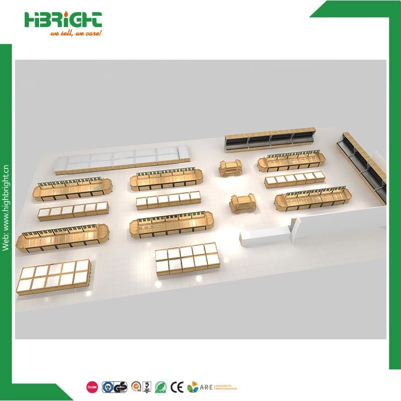 Supermarket Equipment Financing Golden Award Luxury Wooden Vegetable and Fruit Rack Area Design