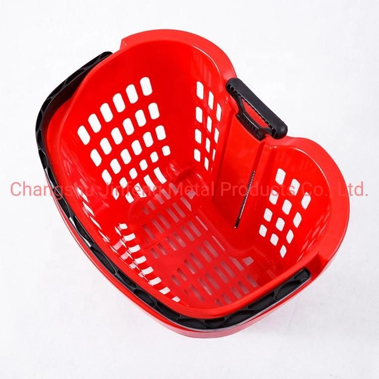 Supermarket Store Fixture Plastic Storage Rolling Shopping Basket with Two Wheels