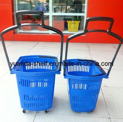 Supermarket Used Plastic Rolling 4 Wheel Trolley Basket