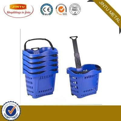 50L Supermarket Plastic Rolling Shopping Basket with 4 Wheels