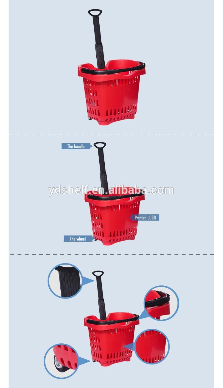 High Quality Plastic Rolling Supermarket Shopping Baskets with Wheels Handle