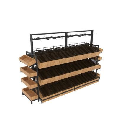 Supermarket Steel and Wood Vegetable and Fruit Rack