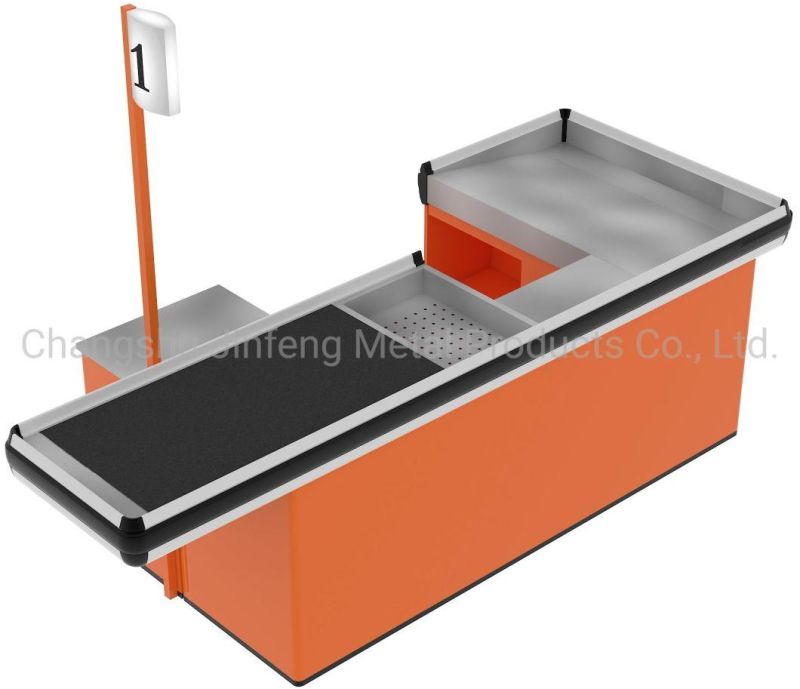 Supermarket Electrical Checkout Counter Metal Cashier Desk with Conveyor Belt