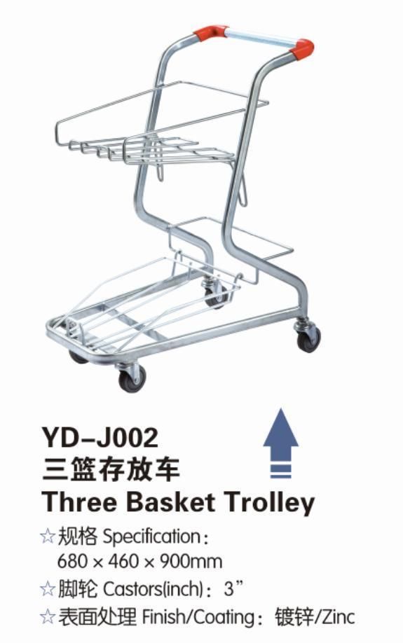 New Supermarket 3 Inch Wheels Galvanized Three Basket Storage Cart