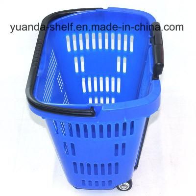 Supermarket Plastic Rolling Trolley Shopping Baskets with Double Wheels