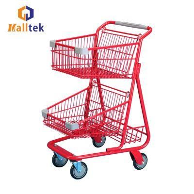 Good Quality Metal Hypmarket Double Layer Shopping Trolley with Four Wheels