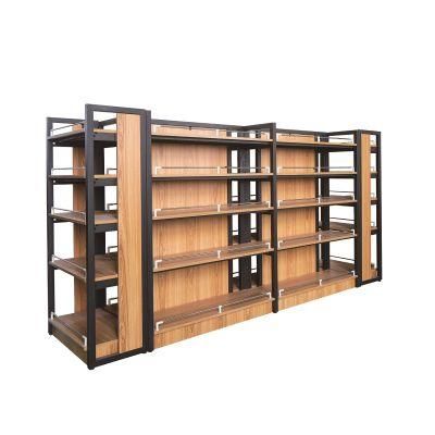 Exquisite Double-Sided Supermarket Steel-Wood Back Panel Display Shelves with Guardrail