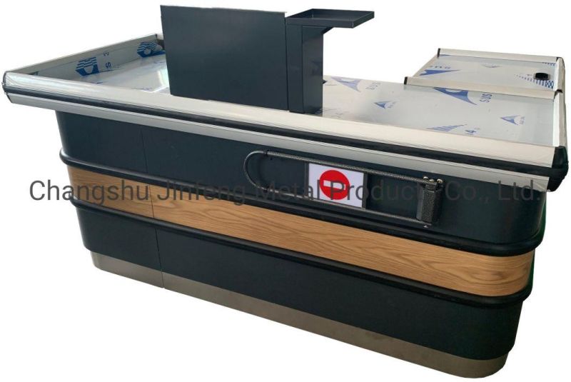 Supermarket Cashier Desk Wood Grain Transfer Printing Checkout Counter with Keyboard Holder Jf-Cc-034