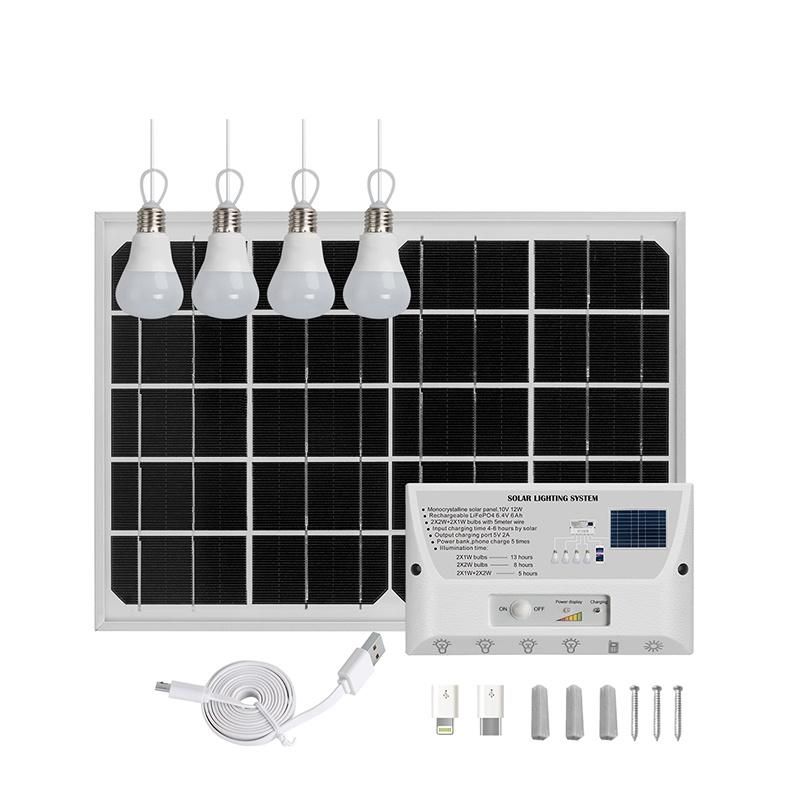 Portable Solar Energy Home Power Solar System for Home Lighting and Phone Charging 12W Solar Panel 4 LED Bulbs 2021