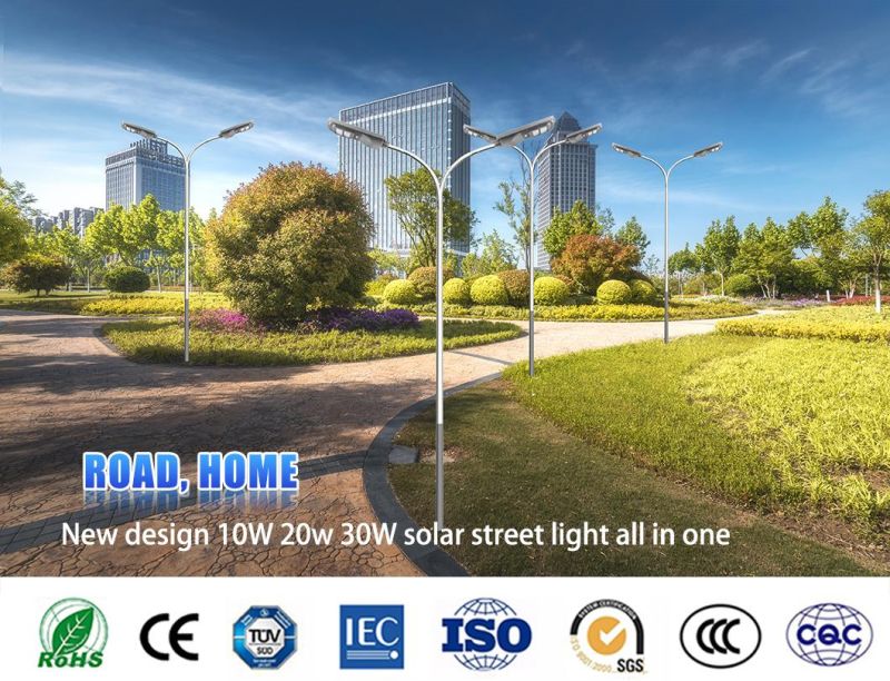 CE RoHS ISO IP65 10W 20W 30W Waterproof IP65 LED Solar Street Light OEM/ODM All in One Integrated Solar Power Garden Road Street Light with Lithium Battery