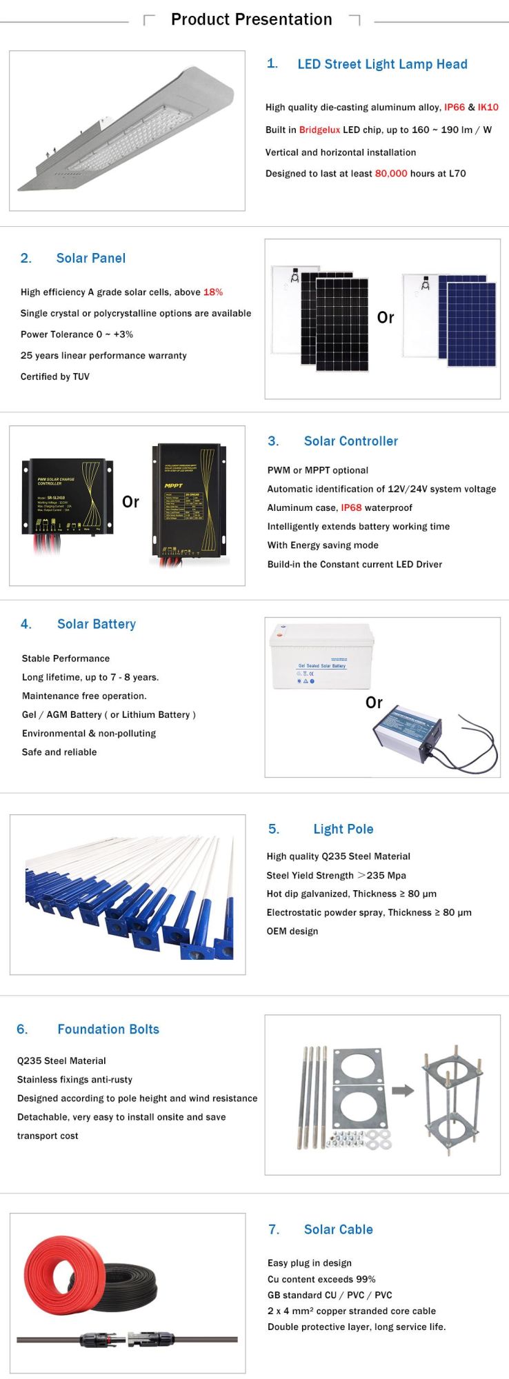 Aluminium Outdoor Waterproof IP66 80W Lithium Battery LED Solar Street Light