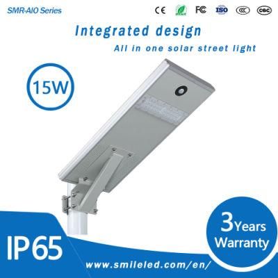 Aluminum Outdoor Stand Alone Solar Power 15 Watt All in One Solar Street Light with 3 Years Warranty